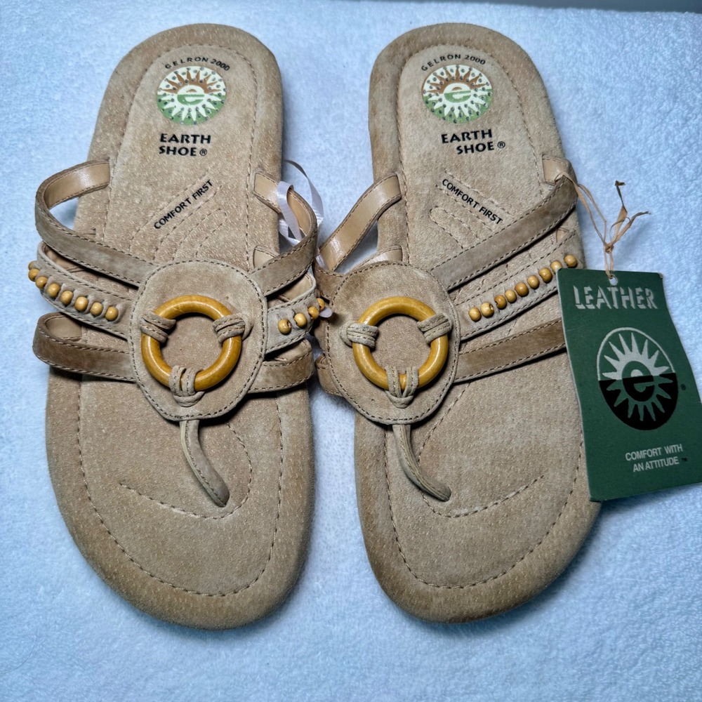 Earth Shoe Pueblo Tan Leather Thong Sandals Beaded Wood Ring Gelron 2000 7.5 NWT